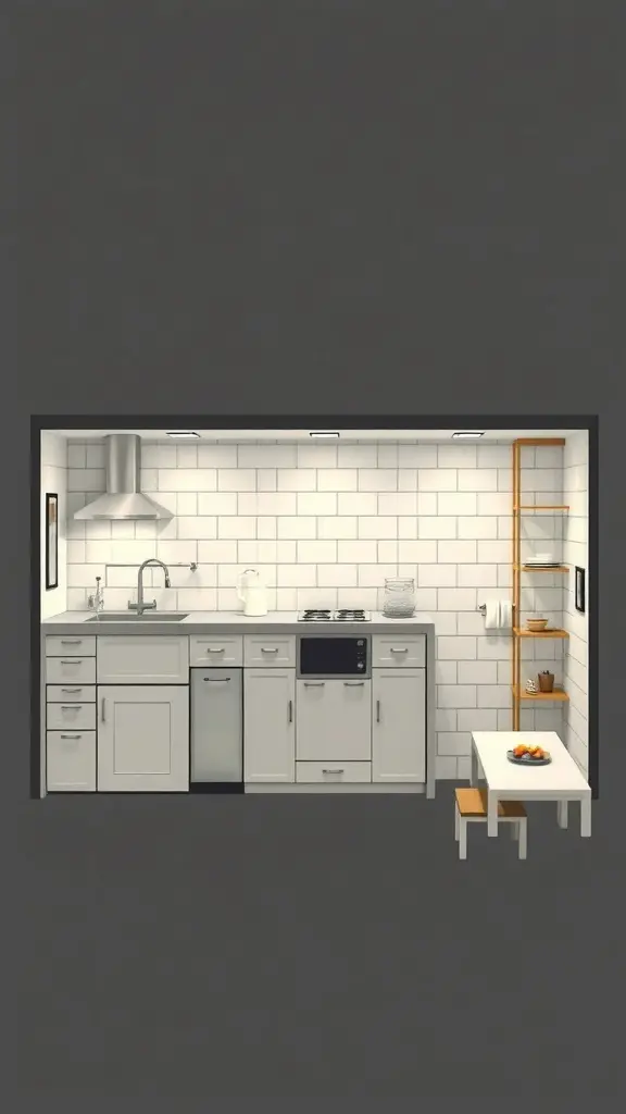 A compact basement kitchenette with a stove, sink, refrigerator, and a small dining table.