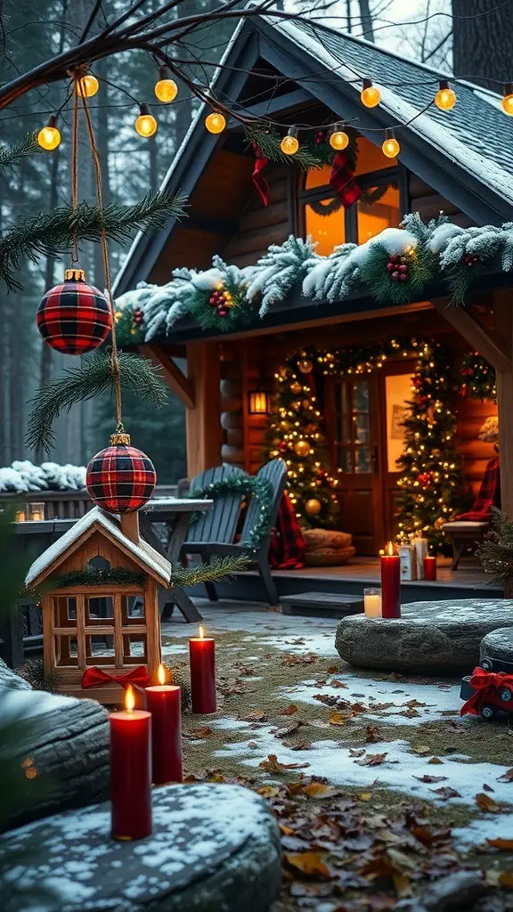 27+ Festive Tartan Christmas Decorations to Elevate Your Holiday Decor 10 A cozy cabin decorated for Christmas with tartan ornaments, candles, and snow.