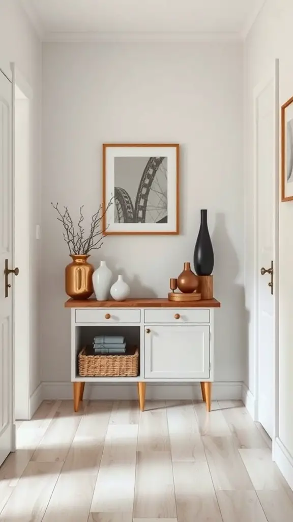 A stylish hallway with a console table, vases, and artwork.