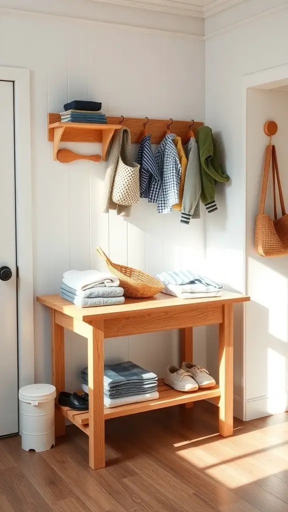 29+ Creative Mudroom Storage Ideas for a Clutter-Free Entrance 9 A wooden mudroom table with stacked towels and a basket, alongside a coat rack.