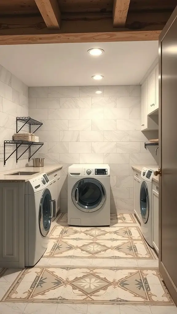Stylish basement laundry room with patterned tile flooring and modern appliances