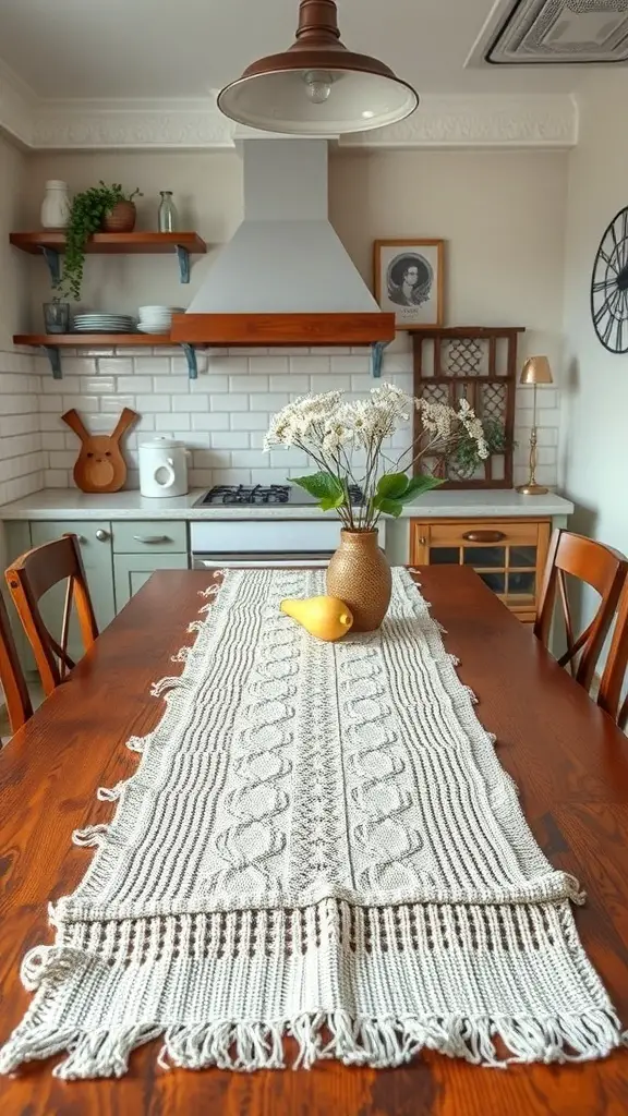 25+ Stunning Kitchen Table Decor Ideas to Elevate Your Space 6 A kitchen table with a woven table runner, fresh flowers in a vase, and decorative fruits.