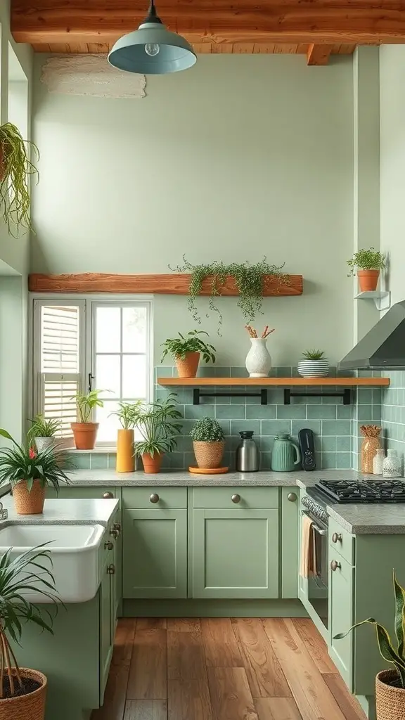 25+ Beautiful Sage Green Farmhouse Kitchen Cabinet Ideas 8 A cozy farmhouse kitchen featuring sage green cabinets, wooden beams, and various plants.