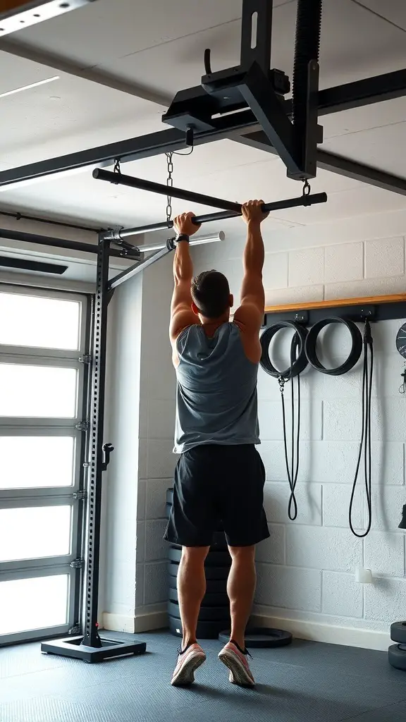 27+ Inspiring Half Garage Gym Ideas for Your Home Workout Space 7 A person doing pull-ups on a portable pull-up bar in a garage gym.
