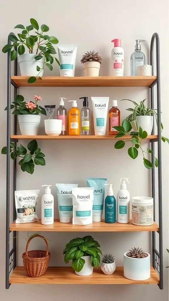 25+ Creative Ways to Store Your Feminine Hygiene Products 4 Decorative shelving unit with skincare products and plants