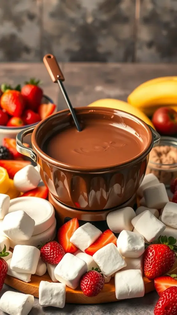 25+ Irresistible Chocolate Desserts You Must Try 15 A pot of melted chocolate surrounded by fresh fruits and marshmallows for dipping.
