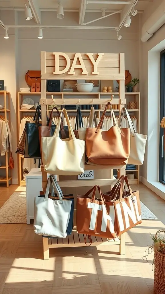 A wooden display rack showcasing various tote bags in a stylish setting.