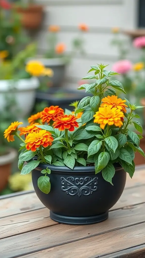 A black pot filled with vibrant orange and yellow flowers on a wooden table.
