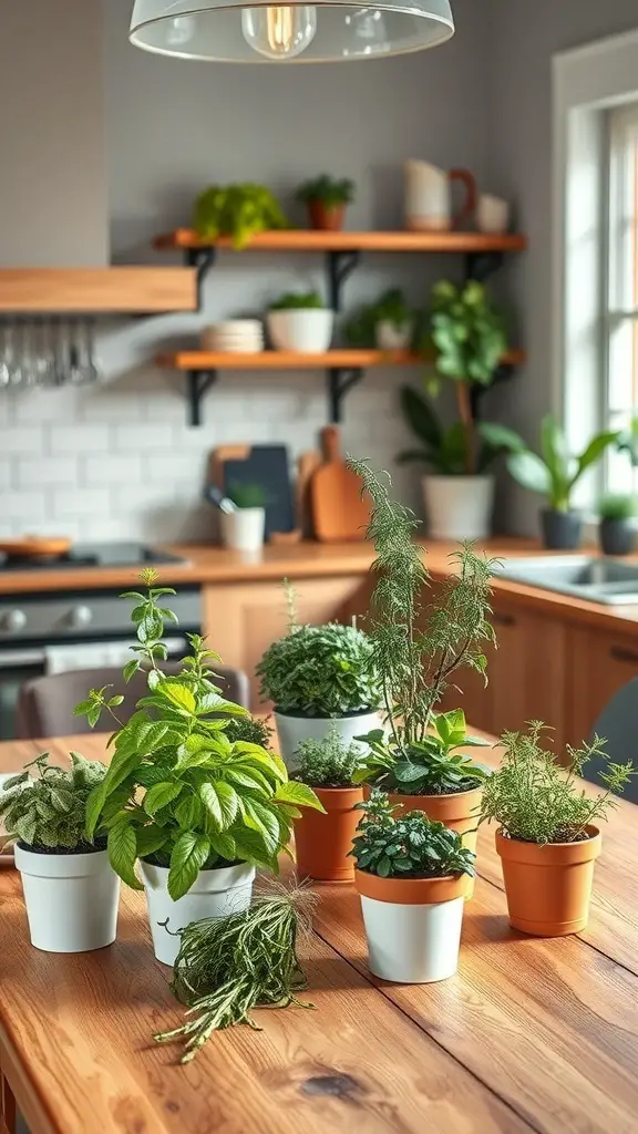 25+ Stunning Kitchen Table Decor Ideas to Elevate Your Space 10 A kitchen table decorated with various potted herbs and plants, creating a fresh and lively atmosphere.