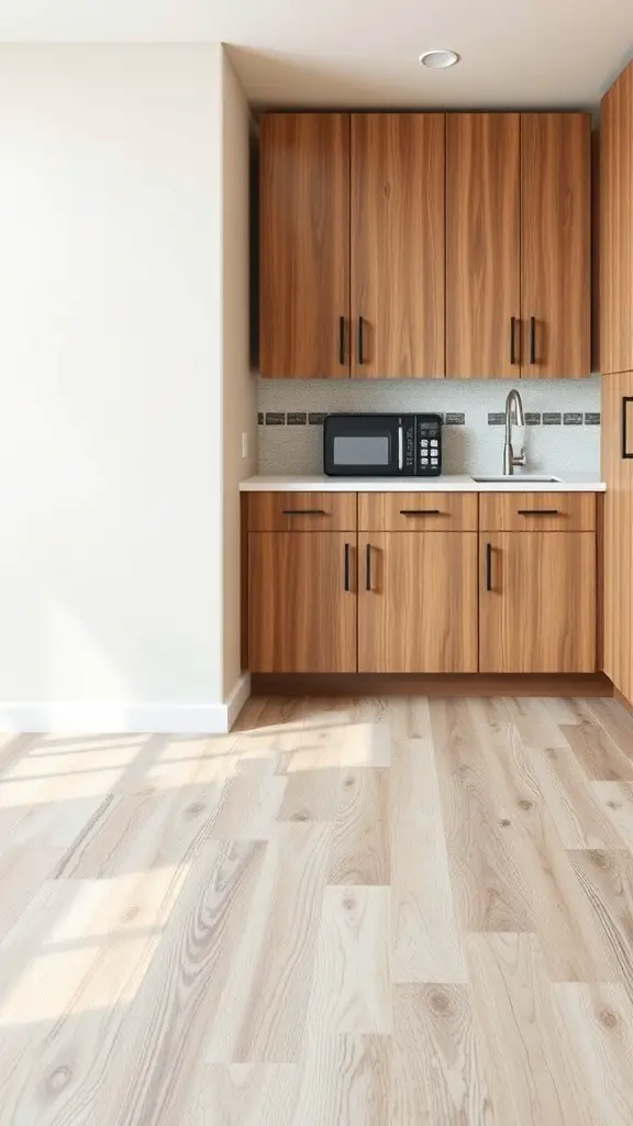 A modern kitchenette in a basement with light wood flooring and wooden cabinets.
