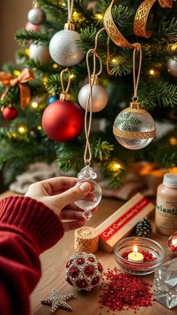 A hand holding a crystal ornament in front of a decorated Christmas tree with various ornaments and a candle.