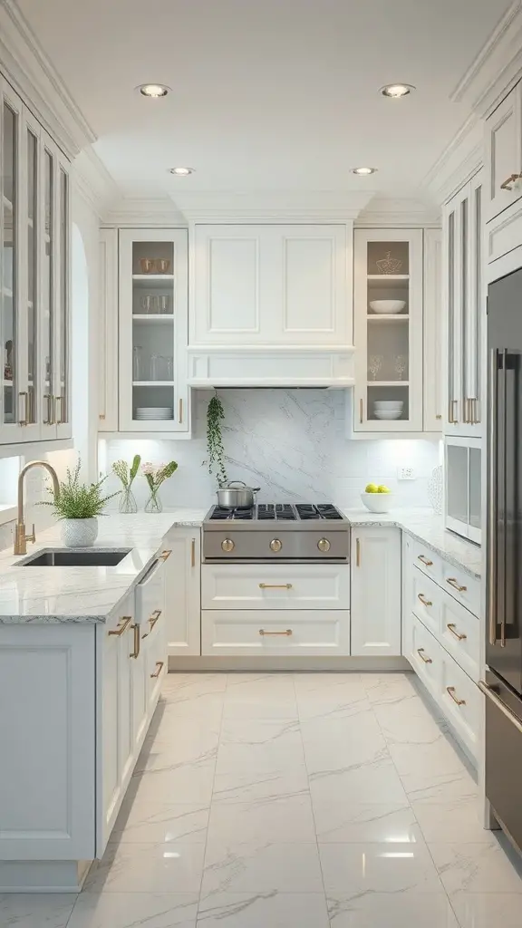 27+ Stunning Kitchen Color Palette Ideas for Your Home Makeover 10 A modern kitchen featuring white cabinetry, marble countertops, and gold hardware.