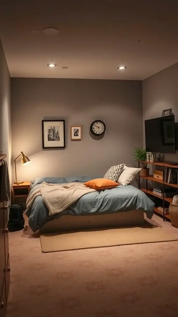 29+ Creative Basement Remodeling Ideas to Transform Your Space 4 Cozy basement guest suite with a bed, lamp, and decorative elements.