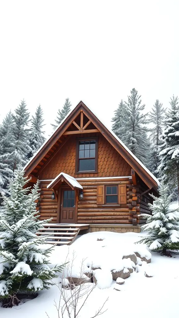 A charming A-frame cabin surrounded by snow and trees.