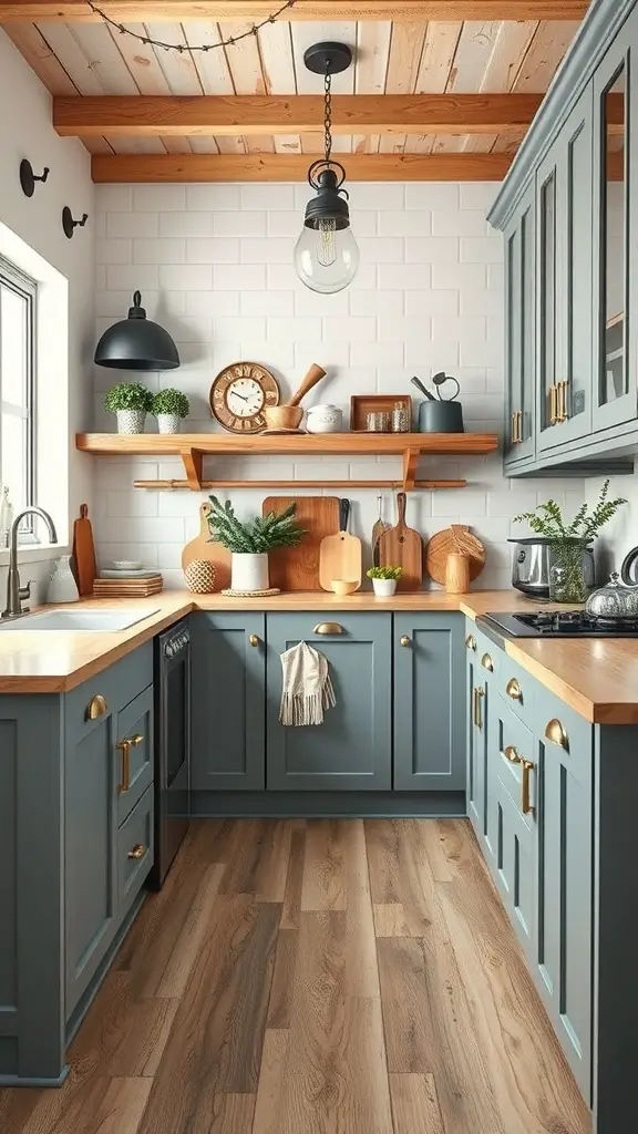 29+ Stunning Blue Gray Kitchen Cabinets to Transform Your Space 6 A cozy farmhouse kitchen featuring blue gray cabinets, wooden countertops, and open shelving.