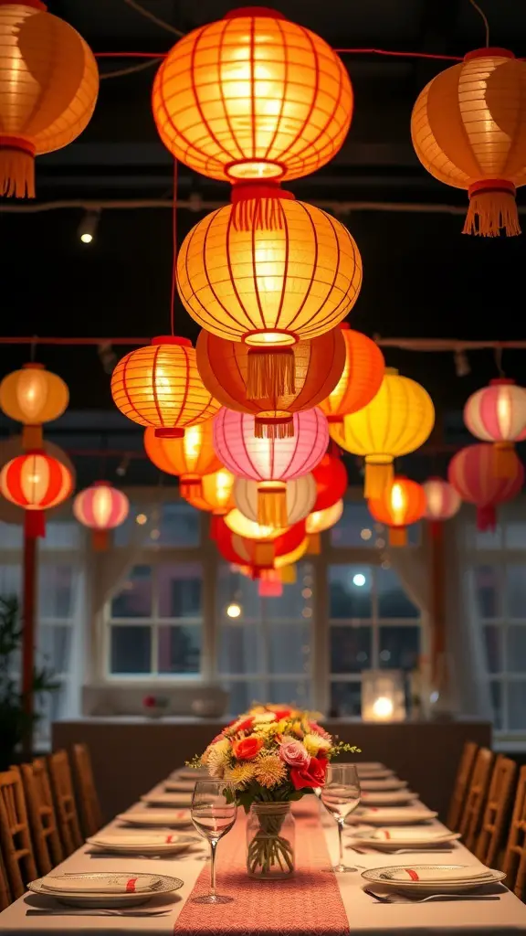 29+ Gorgeous Dollar Tree Centerpieces You Can Create for Any Occasion 6 Colorful paper lanterns hanging above a dining table with a floral centerpiece.