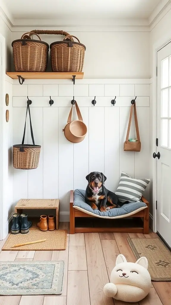 A cozy farmhouse mudroom featuring a dog bed, storage baskets, and practical flooring.