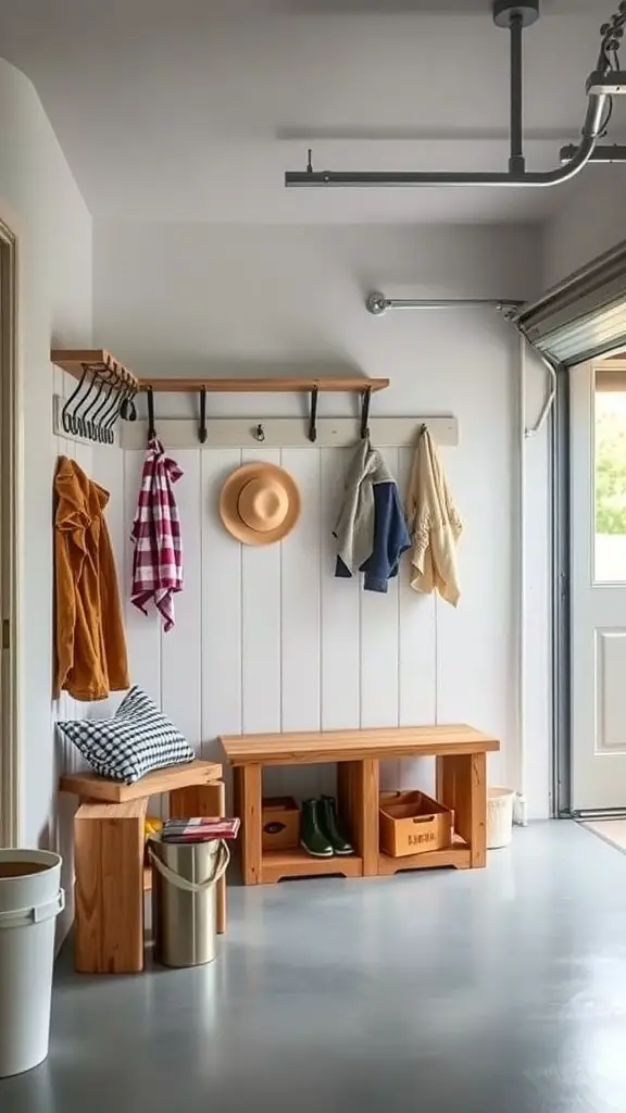 27+ Creative Garage Entryway Ideas for a Stylish Welcome 4 A functional mudroom integrated into a garage entryway, featuring a wooden bench, hooks for coats, and storage boxes.