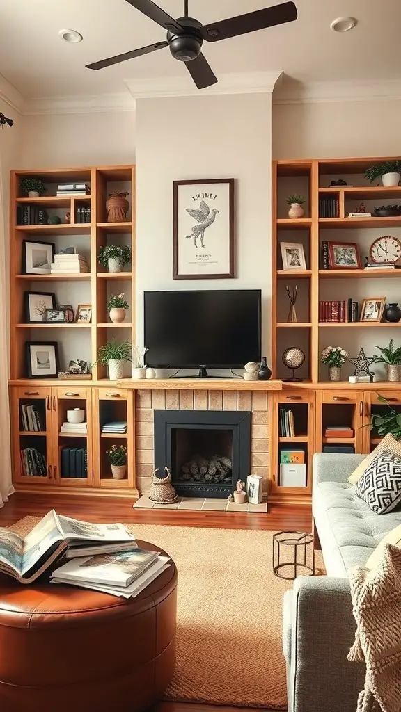 Cozy living room with built-in wooden shelves, TV, and fireplace