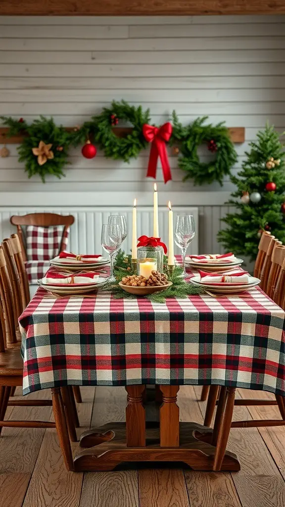 A rustic farmhouse style Christmas dinner table with a plaid tablecloth, candles, and festive decorations.