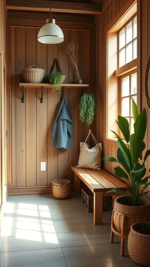 27+ Stylish IKEA Mudroom Ideas for a Functional Space 14 A cozy mudroom with wooden paneling, a bench, plants, and woven baskets.