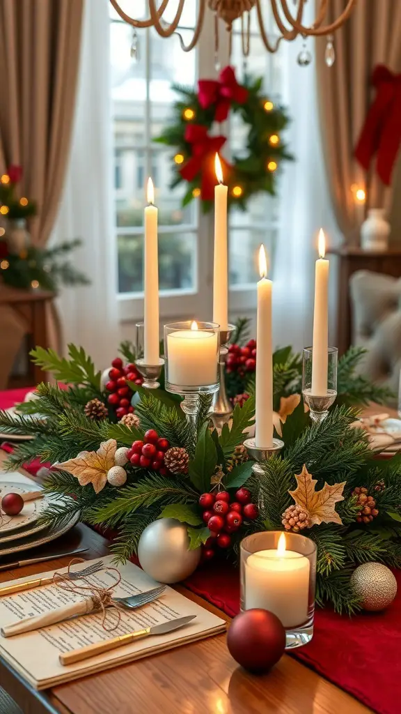 23+ Stunning Dining Table Centerpiece Ideas 4 A festive dining table centerpiece with candles, greenery, and holiday decorations.