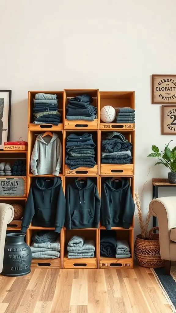 Wooden crates stacked to store hoodies and sweaters in a cozy living space.