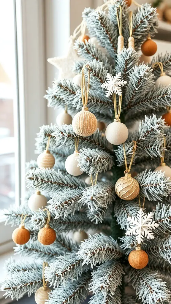Frosted Christmas tree with artistic DIY ornaments in natural wood tones and white.