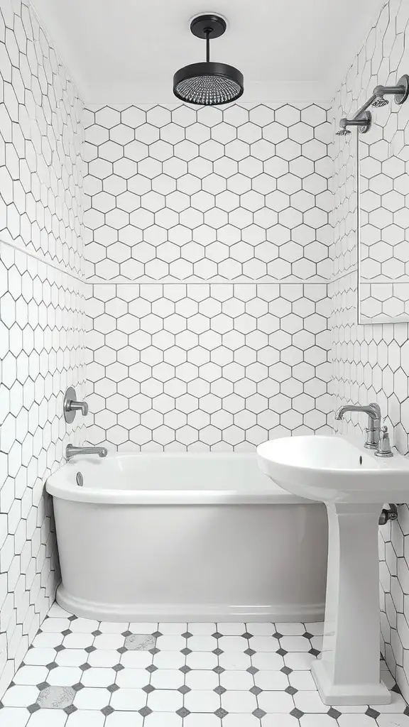 A vintage-style bathroom featuring hexagon tiles on the floor and walls, with a white bathtub and sink.