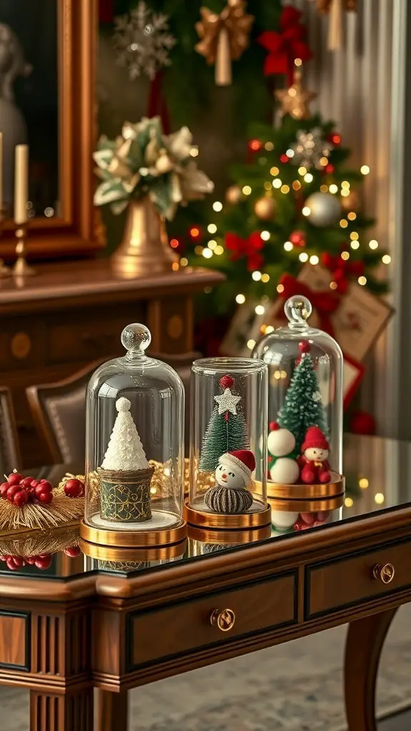 29+ Stunning Christmas Console Table Decor Ideas 15 Three glass cloches with festive decorations on a console table