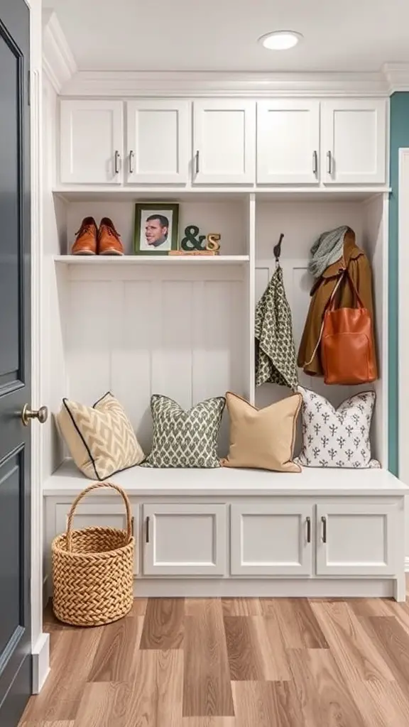 Mudroom lockers with bench seating and decorative pillows