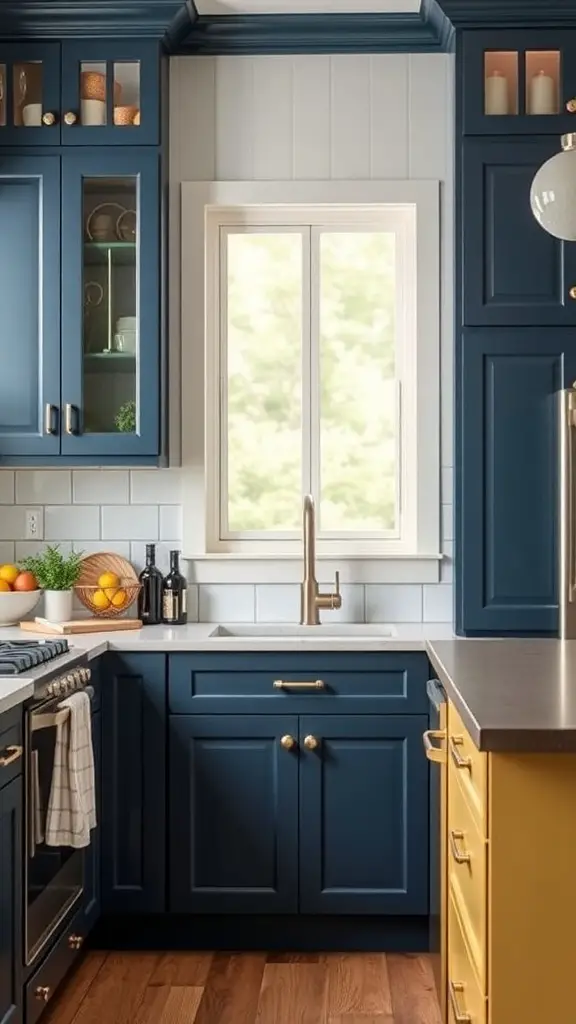 25+ Stunning Painted Kitchen Cabinet Ideas to Transform Your Space 3 A modern kitchen with deep blue and yellow painted cabinets, showcasing a stylish and vibrant design.