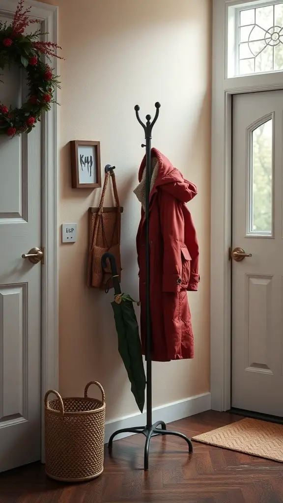A coat rack with an umbrella stand in an entryway, featuring a red coat and a green umbrella.