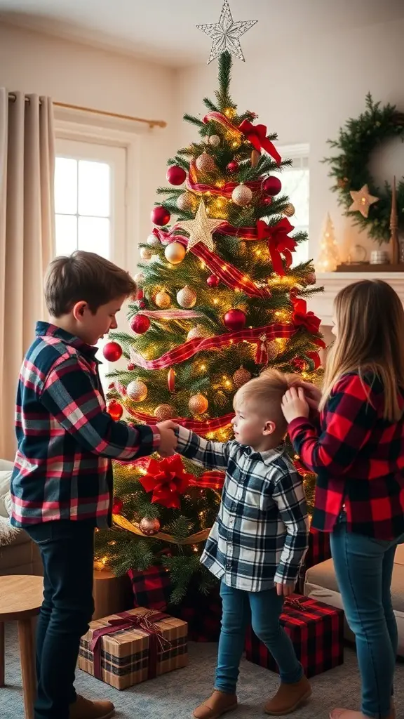 25+ Festive Tartan Plaid Christmas Tree Ornaments and Decorations 11 Children in plaid shirts decorating a tartan plaid Christmas tree