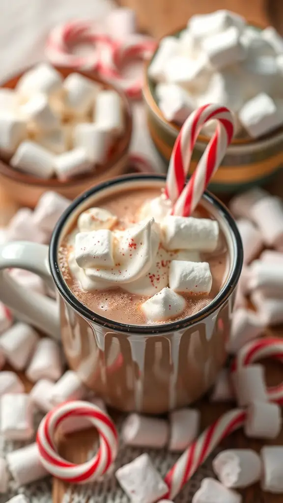 23+ Budget-Friendly Dollar Tree Hot Cocoa Bar Ideas 4 A cozy hot cocoa bar with a cup of cocoa topped with marshmallows and a candy cane, surrounded by more marshmallows and candy canes.