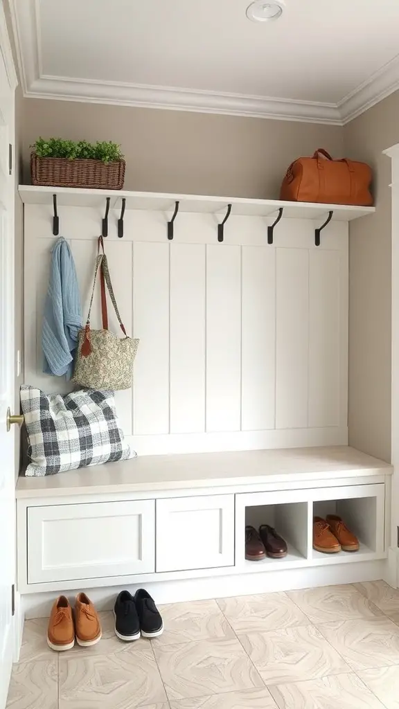 25+ Stylish Mudroom and Laundry Room Combo Ideas to Maximize Space 15 A functional mudroom seating area with a bench, hooks, and shoe storage.