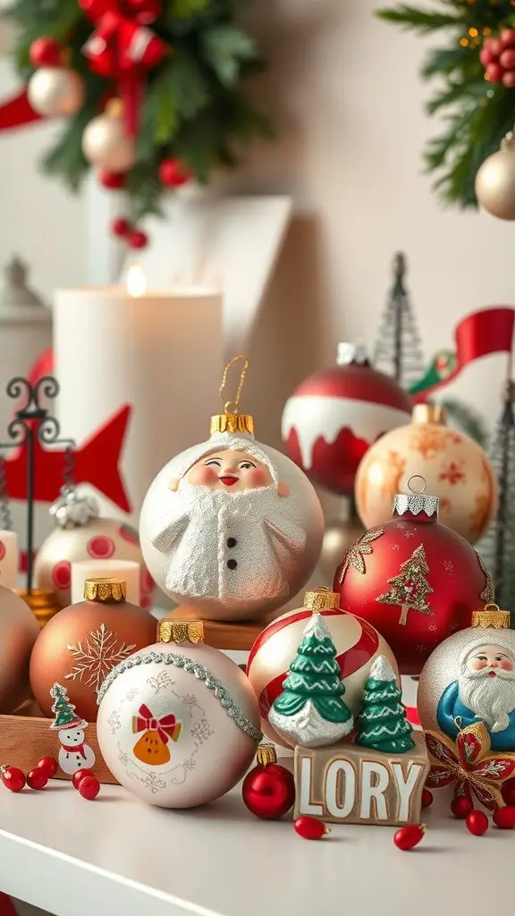 27+ Creative Dollar Tree Gifts for Your Coworkers 9 A collection of themed holiday ornaments including Santa, snowmen, and Christmas trees displayed on a table.