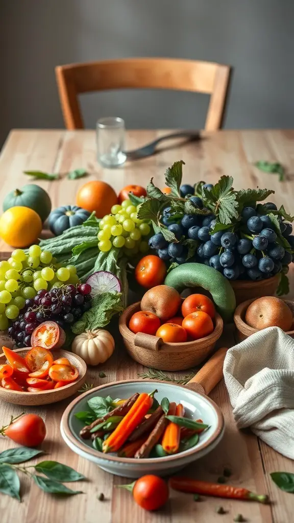25+ Stunning Thanksgiving Table Settings to Elevate Your Holiday Feast 13 A colorful array of fresh fruits and vegetables on a wooden table, showcasing farm-to-table freshness.