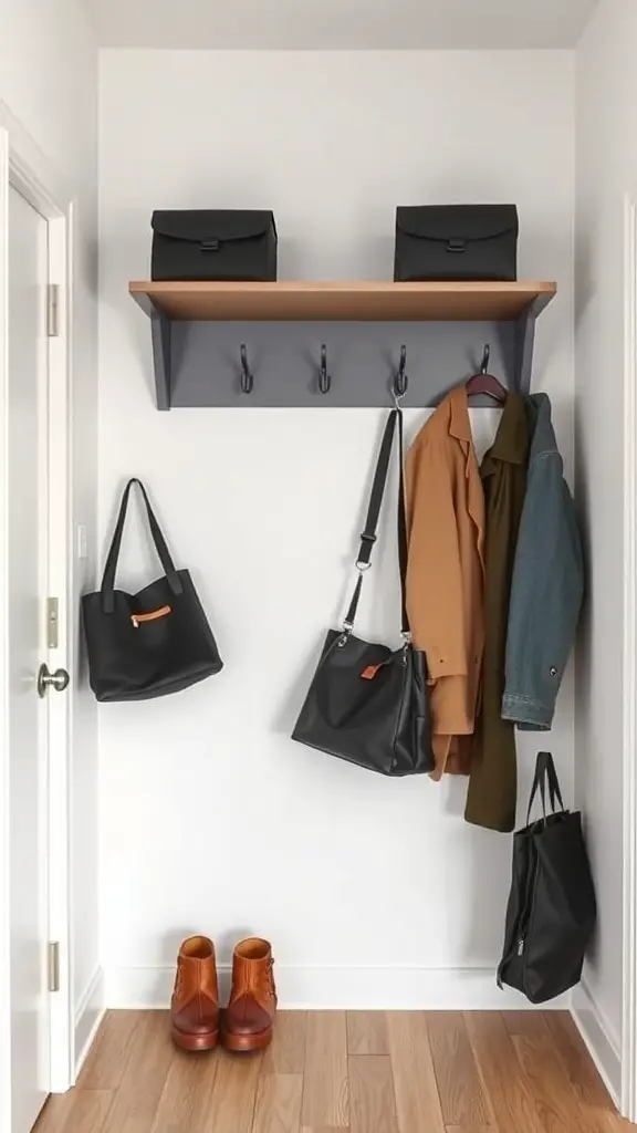 A modern wall-mounted coat rack with a wooden shelf and hooks, displaying bags and coats in a small mudroom.