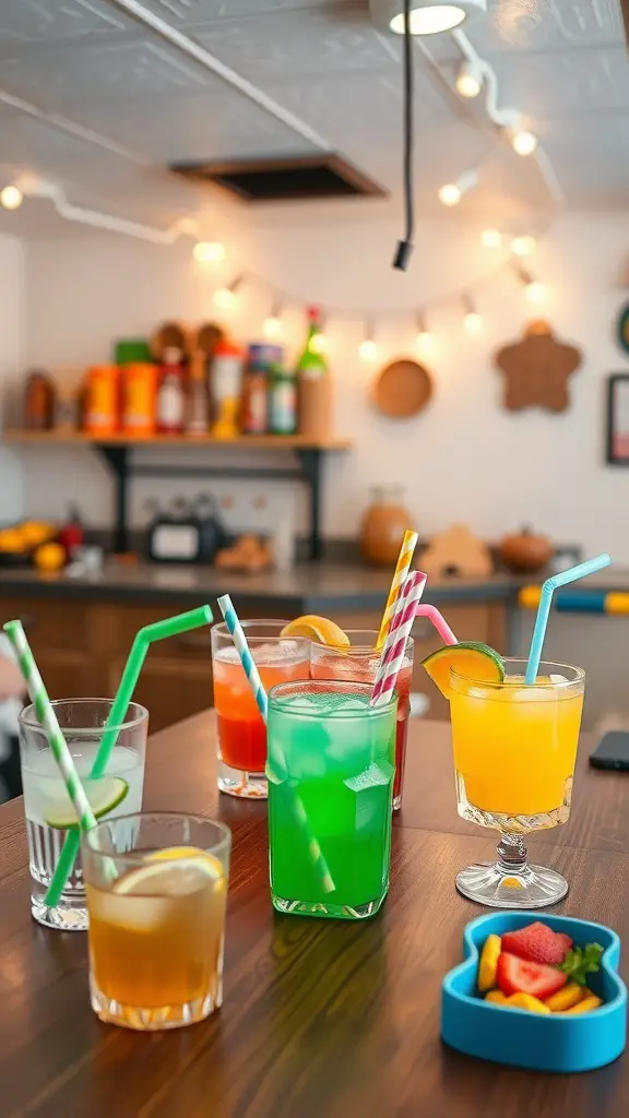 A colorful display of mocktails on a wooden table with various drinks and fruit garnishes.
