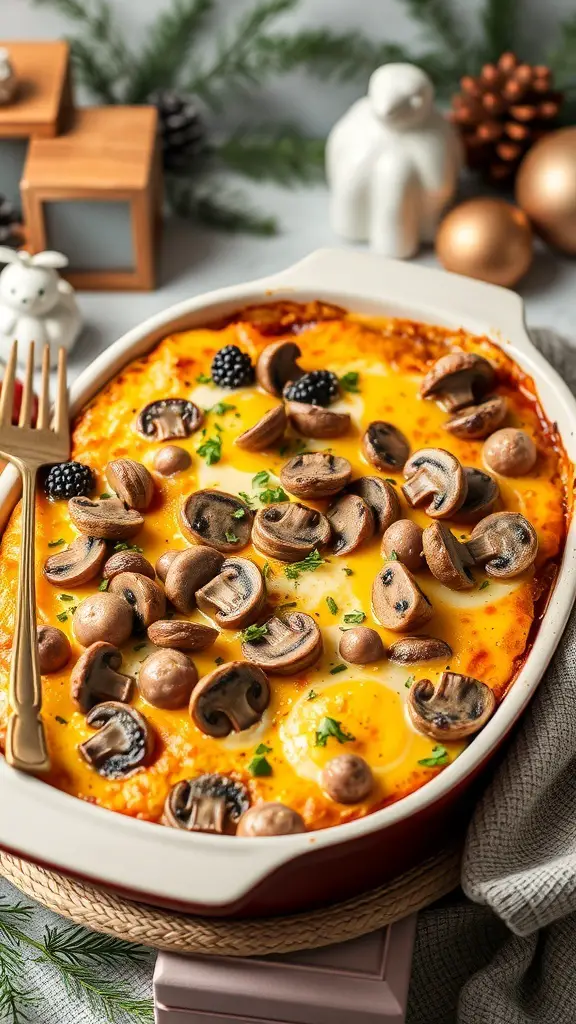 A delicious sausage and mushroom breakfast casserole topped with cheese and herbs, served in a baking dish.