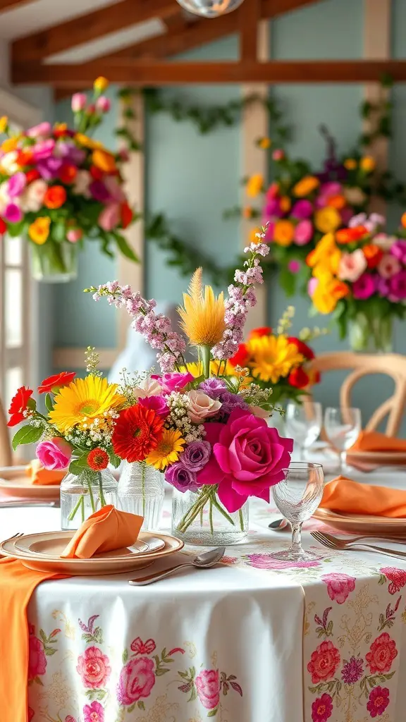 25+ Stunning Thanksgiving Table Settings to Elevate Your Holiday Feast 14 A beautifully set Thanksgiving table with colorful floral arrangements and orange napkins.
