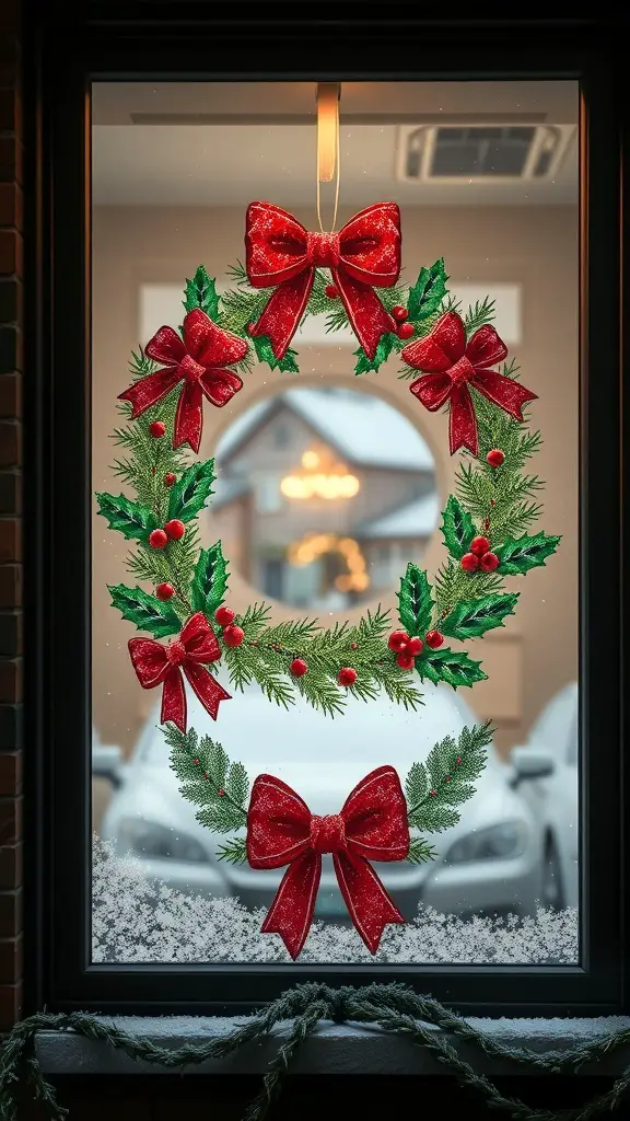 A beautifully painted Christmas wreath with red bows and greenery on a window.