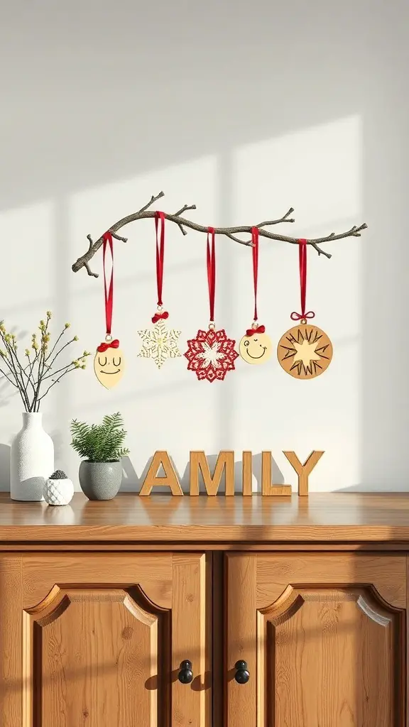 23+ Beautiful Christmas Sideboard Decor Ideas to Transform Your Home 11 A branch with personalized family ornaments hanging from it, with the word 'FAMILY' displayed below.