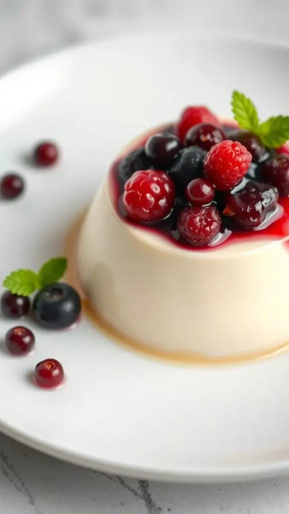 A serving of vanilla bean panna cotta topped with mixed berries and mint leaves on a white plate.