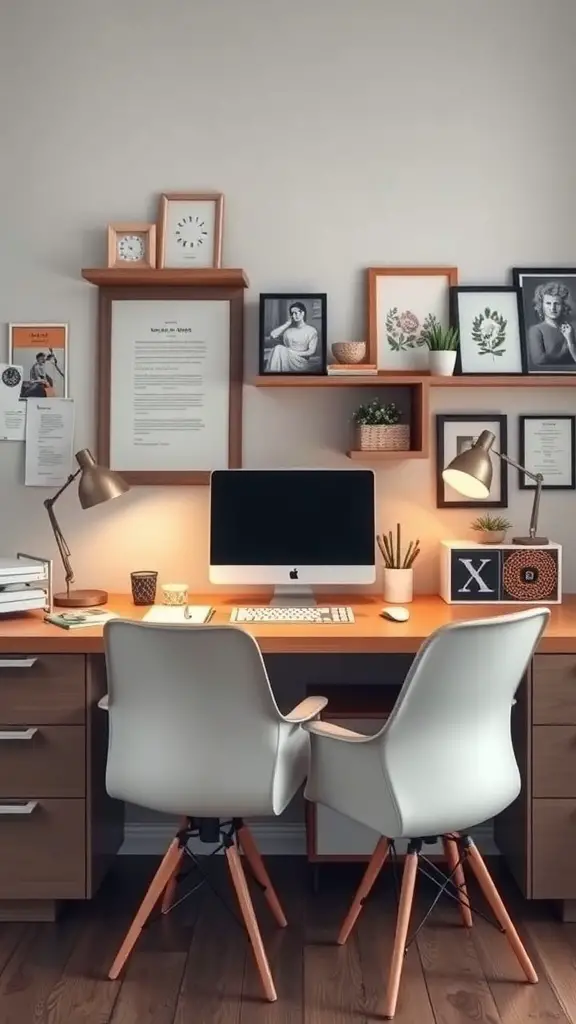 A stylish and functional office workstation with a modern desk, dual chairs, wall shelves with framed pictures and plants, and a computer setup.