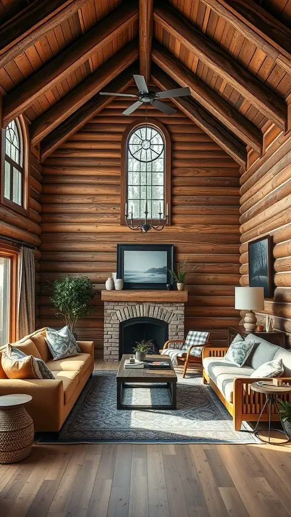 Cozy interior of a log cabin with wooden walls, high ceilings, and stylish furniture.
