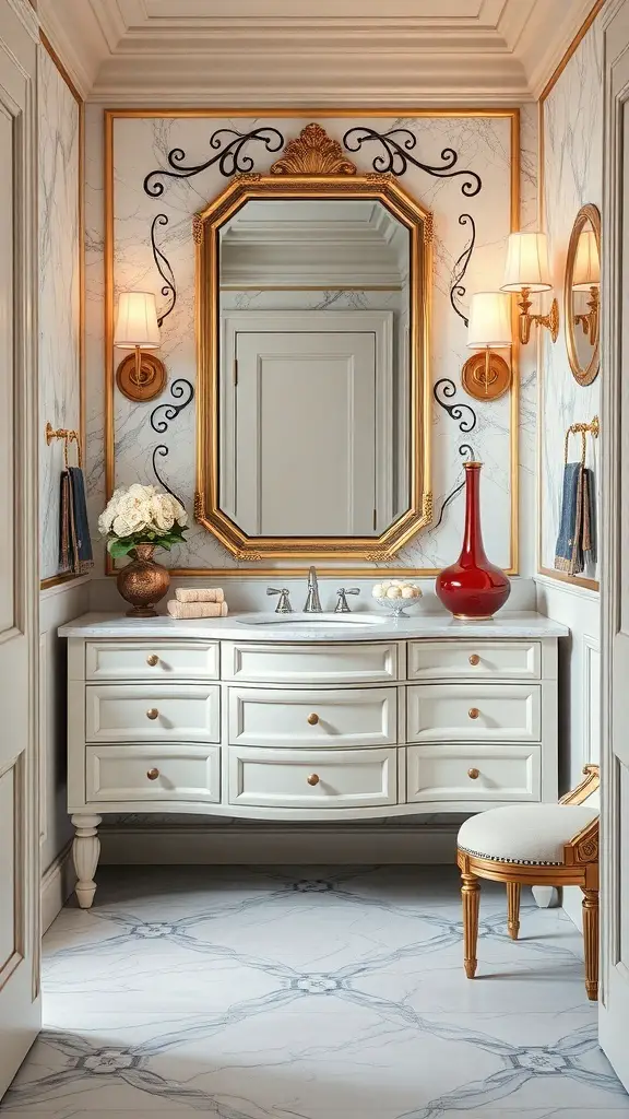 Elegant bathroom vanity inspired by Ralph Lauren, featuring white cabinetry, marble countertop, gold accents, and decorative wall elements.