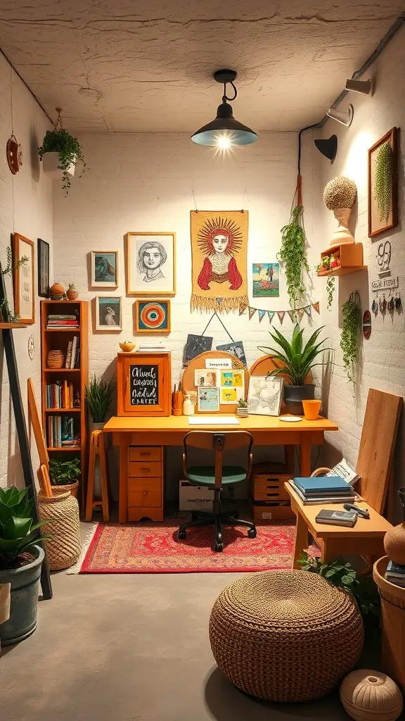 25+ Stunning Boho Basement Ideas to Transform Your Space 10 A cozy boho basement workspace with a wooden desk, plants, and colorful artwork.