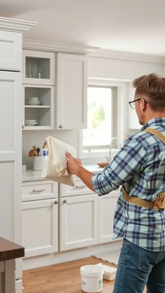 25+ Stunning Painted Kitchen Cabinet Ideas to Transform Your Space 14 A person preparing to paint kitchen cabinets, holding a cloth in a bright kitchen.